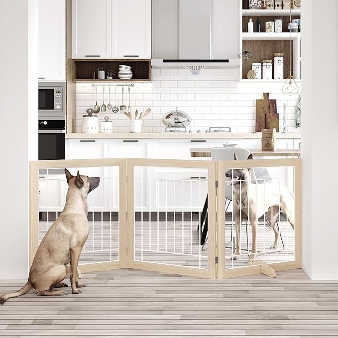 Folding No-Assembly Pet Gate 72" Wide, 30" Tall Wooden Dog Gate, Freestanding Wire Pet Gate, Pet Puppy Safety Fence, with 2PCS Support - Natural White