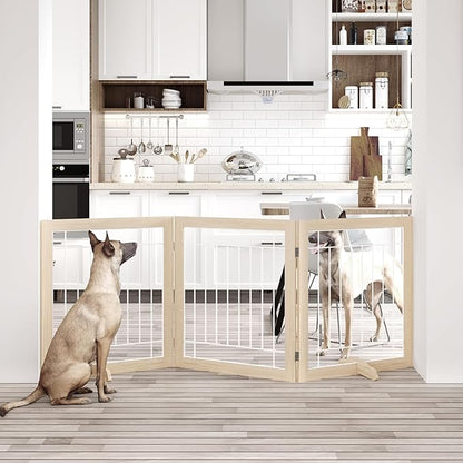 Folding No-Assembly Pet Gate 72" Wide, 30" Tall Wooden Dog Gate, Freestanding Wire Pet Gate, Pet Puppy Safety Fence, with 2PCS Support - Natural White