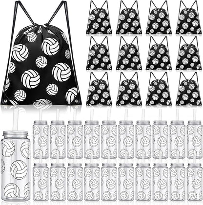 20 Pack Volleyball Cups with Lid and Straw 14.2 oz Reusable Tumbler Clear Plastic Drinking Cups with 20 Pack Drawstring Bag for Birthday School Sport Decorations Party Supplies