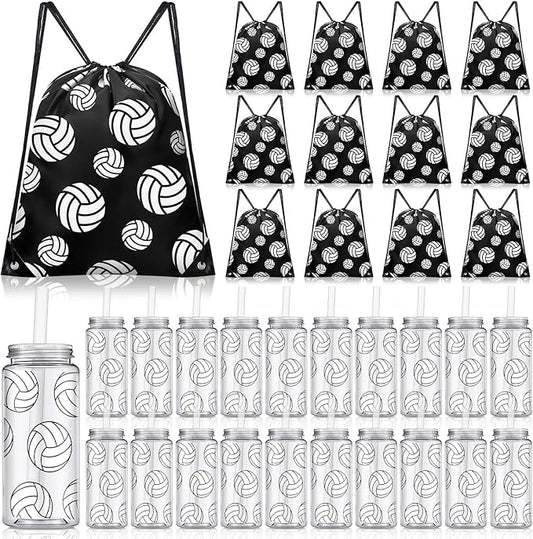 20 Pack Volleyball Cups with Lid and Straw 14.2 oz Reusable Tumbler Clear Plastic Drinking Cups with 20 Pack Drawstring Bag for Birthday School Sport Decorations Party Supplies