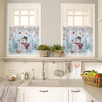 Snowman Kitchen Curtains and Valances Set, Blue Merry Christmas Tree Red Balls Squirrel Windows Treatments Tiers Half/Short Curtains for Small Windows Cafe /Living Room/ Bedroom 54x36 in Winter