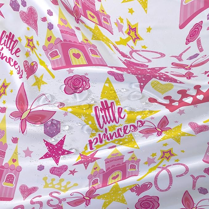 AILONEN Princess Castle Shower Curtain,Cartoon Butterfly and Rose Bathroom Shower Curtain for Girls Boys Kids Teens, 72" W*96" H Pink Glitter Star Theme Bathroom Decor