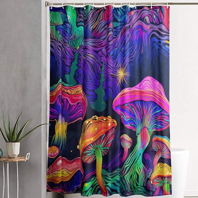 AILONEN Magic Mushroom Shower Curtain for Kids Boys Girls,Mushrooms and Starry Night Waterproof Fabric Shower Curtain for Bathroom,Dreamy Natural Plants Shower Curtain Set with Hooks,72" W*72" H