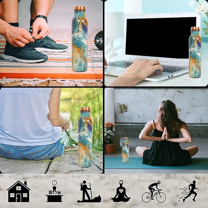 Pure Copper Water Bottle - Handcrafted - Ayurveda health benefits - Large 35 oz - Leak proof - Easy to carry for Sports, Fitness, Yoga, School - Royal Mosaic 3D Vintage Colorful Enamel