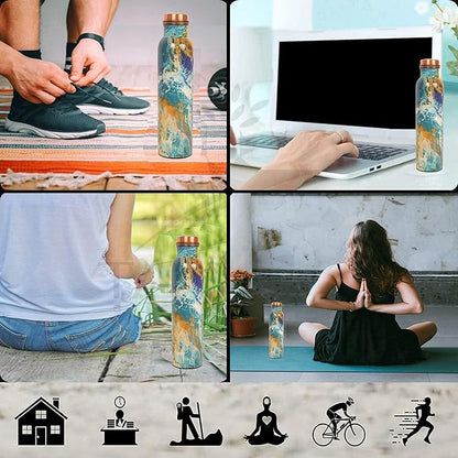 Pure Copper Water Bottle - Handcrafted - Ayurveda health benefits - Large 35 oz - Leak proof - Easy to carry for Sports, Fitness, Yoga, School - Royal Mosaic 3D Vintage Colorful Enamel
