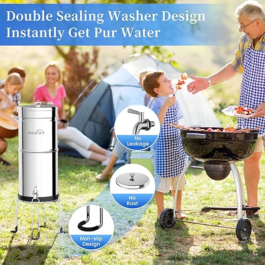 3.25G Gravity-Fed Water Filter System, NSF/ANSI Standard, 304 Stainless Steel System with 3 Carbon Filters, 3 Fluoride Filters and Stand, Reduce 99% Chlorine, Lead and Fluoride