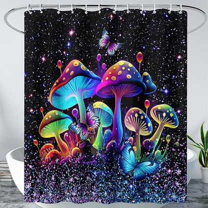 AILONEN Mushroom Shower Curtain for Boys Girls, Cartoon Mushroom Bath Curtain 60" W*72" H Colorful Sky Starry Bathroom Curtain Polyester Waterproof Plant Fungus Bathroom Curtain with 12 Hooks