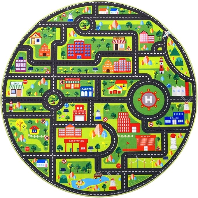 Kids Rug 4ft Round Rug Baby Play Mat City Life Playmats Roads Traffic Soft Learning Circle Rug Play with Cars and Toys Toddlers Fun Learning Play Carpet for Bedroom Nursery Playroom Classroom