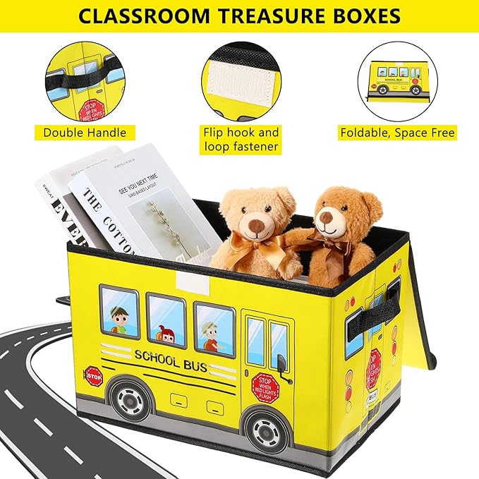 4 Pcs Prize Box for Classroom, School Bus Treasure Box Foldable Chest Storage Box Kids Toy Chest with Lid Treasure Storage Organizer Bin for Teachers Students Awards (Yellow, Pink, Red, Blue)