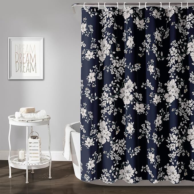 AILONEN Luxuriant Flowers Shower Curtain,White Flower on Black Background Waterproof Shower Curtain Set for Girls Boys Teens, 60" W*72" H Patchwork Flower Shower Curtain