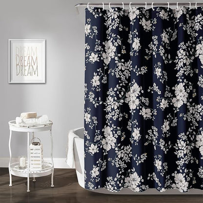 AILONEN Luxuriant Flowers Shower Curtain,White Flower on Black Background Waterproof Shower Curtain Set for Girls Boys Teens, 72" W*72" H Patchwork Flower Shower Curtain