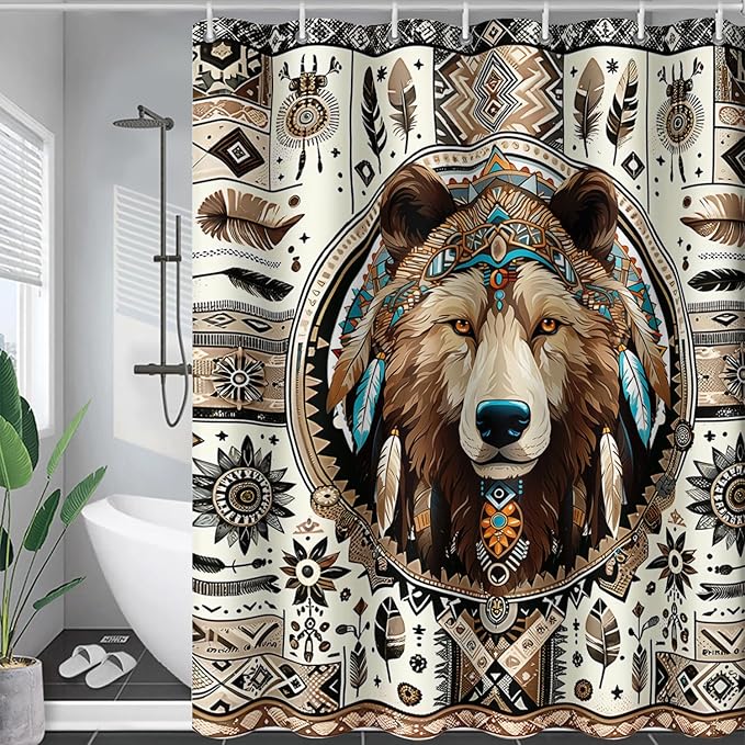 AILONEN Dreamcatcher Wolf Shower Curtain for Bathroom Decor,Retro Boho Wolf Bath Curtain for Kids Boys Girls,Print Polyester Waterproof with 12 Plastic Hooks 72" W*96" H
