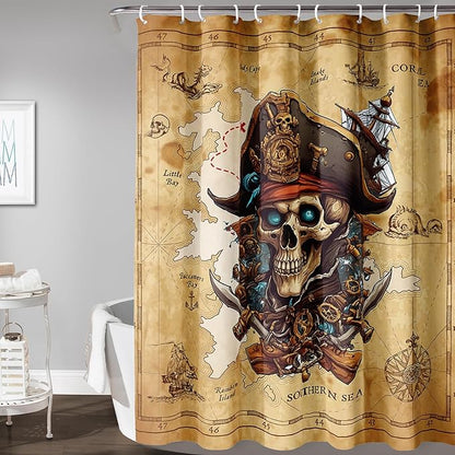 AILONEN Pirate Skull Shower Curtain for Bathroom,Vintage Ocean Nautical Bath Curtain Decoration,Pirate Captain Old Map Print Waterproof Shower Curtain with 12 Plastic Hooks, 48" W*72" H