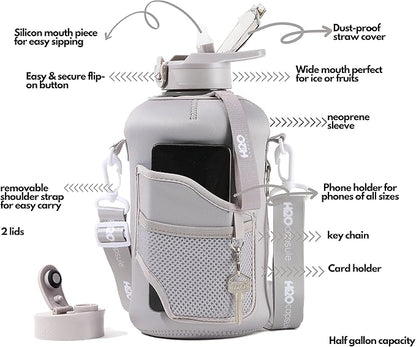 H2O Capsule 2.2L Half Gallon Water Bottle with Storage Sleeve and Removable Straw – BPA Free Large Reusable Drink Container with Handle - Big Sports Jug, 2.2 Liter (74 Ounce), Ashville