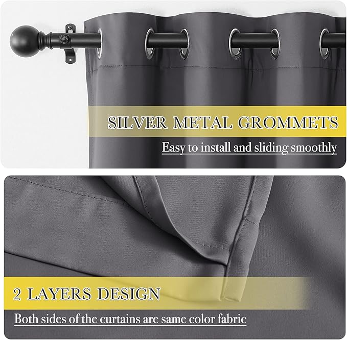 NICETOWN Grey Blcakout Curtains Total Shade Draperies, Heavy-Duty Full Light Shading Drapes with Same Color Liner Backing for Large Window（Gray, Package of 2 Panels, 52 inches Wide x 95 inches Long
