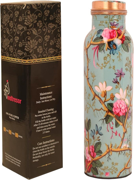 Pure Copper Water Bottle - Handcrafted - Ayurveda health benefits - Large 35 oz - Leak proof - Easy to carry for Sports, Fitness, Yoga, School - Sky Blue Base Floral Vines Colorful Enamel