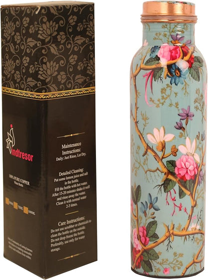Pure Copper Water Bottle - Handcrafted - Ayurveda health benefits - Large 35 oz - Leak proof - Easy to carry for Sports, Fitness, Yoga, School - Sky Blue Base Floral Vines Colorful Enamel