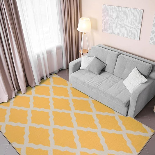 Machine Washable Moroccan Trellis Design Non-Slip Rubberback 3x5 Traditional Indoor Area Rug for Living Room, Bedroom, Kitchen, 3'3" x 5', Yellow