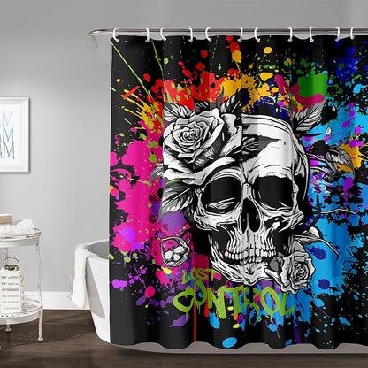 AILONEN Rose Skull Shower Curtain for Bathroom,Colorful Graffiti Art Bathroom Curtain for Kids Boys Girls,Bath Curtain 48" W*72" H Polyester Waterproof Bathroom Curtain with 12 Hooks