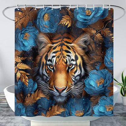 AILONEN Tiger Shower Curtains for Kids Boys,Blue Flower Tiger Bath Curtains,Wild Animal Curtains Polyester Waterproof,72" W*78" H with 12 Plastic Hooks