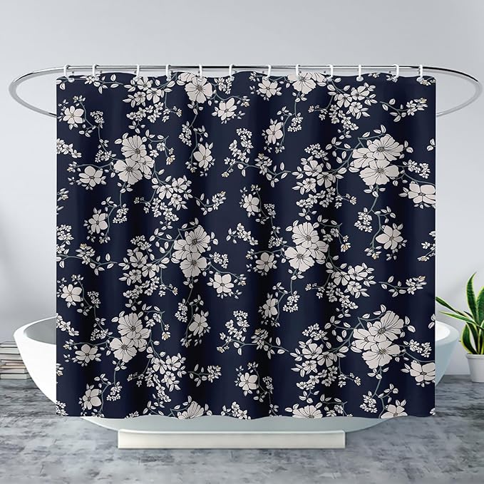 AILONEN Luxuriant Flowers Shower Curtain,White Flower on Black Background Waterproof Shower Curtain Set for Girls Boys Teens, 36" W*72" H Patchwork Flower Shower Curtain