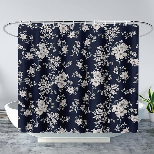 AILONEN Luxuriant Flowers Shower Curtain,White Flower on Black Background Waterproof Shower Curtain Set for Girls Boys Teens, 48" W*72" H Patchwork Flower Shower Curtain