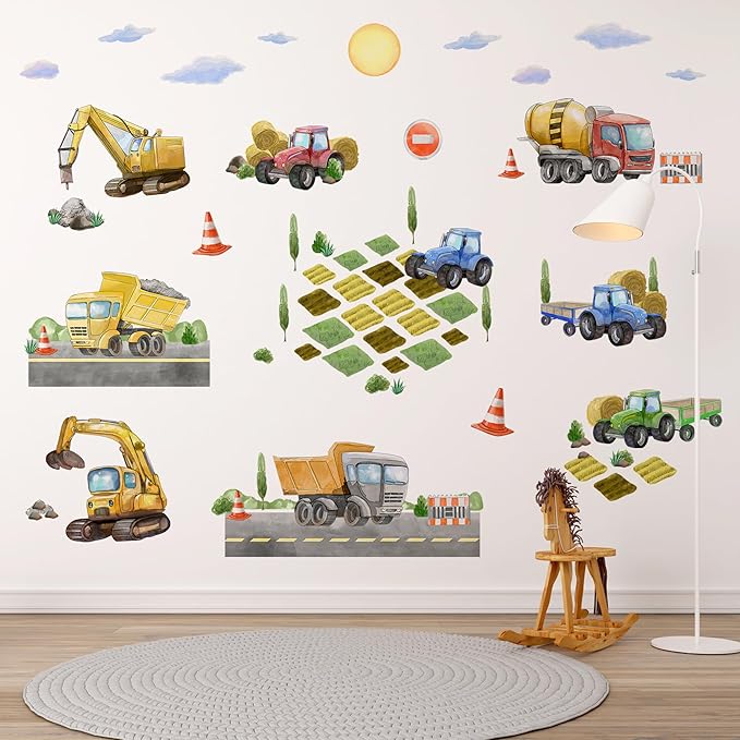 Large Car Wall Decals for Kids by Lipastick - 58 pcs Transports Wall Stickers Peel and Stick Truck Stickers – Construction Cars Wall Decal - Tractor Excavator City Nursery Playroom Wall Décor XXL Size
