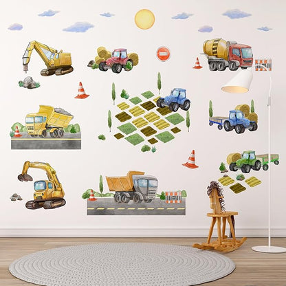 Large Car Wall Decals for Kids by Lipastick - 58 pcs Transports Wall Stickers Peel and Stick Truck Stickers – Construction Cars Wall Decal - Tractor Excavator City Nursery Playroom Wall Décor XXL Size