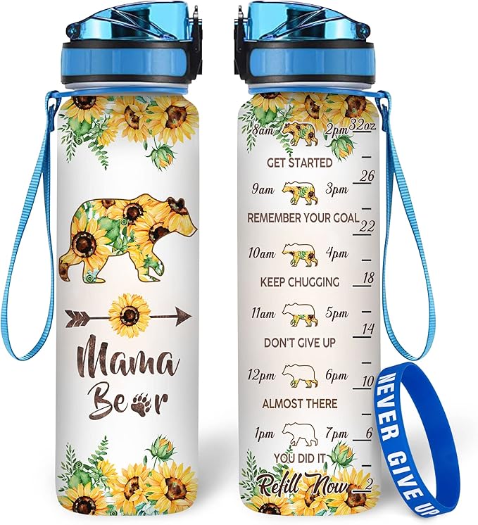 Hyturtle Bear Lovers Water Bottle - 32 Oz 1Liter Motivational Bottle With Time Marker, Mama Bear With Sunflower Gift For Animal Lovers, Women, Girls, Mom on Birthday, Christmas