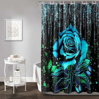 AILONEN Blue Rose Shower Curtain for Bathroom, Glitter Starry Flower Print Bath Curtain,Blue and Black Waterproof Floral Butterfly Shower Curtain Decoration with 12 Plastic Hooks, 72" W*78" H