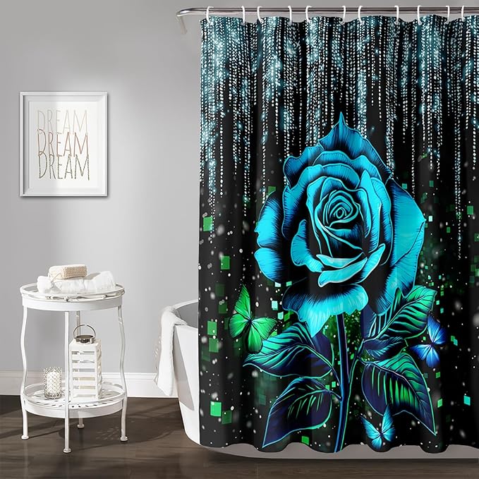 AILONEN Blue Rose Shower Curtain for Bathroom, Glitter Starry Flower Print Bath Curtain,Blue and Black Waterproof Floral Butterfly Shower Curtain Decoration with 12 Plastic Hooks, 48" W*72" H