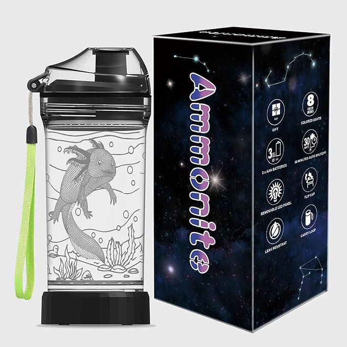 Axolotl Kids Water Bottle with 3D Glowing LED Light - 14 OZ Tritan BPA Free - Creative Ideal Travel Cup Gift for School Kid Boy Child Gamer Holiday Camping Picnic