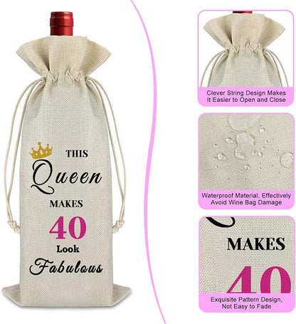 40th Birthday Gift Forty Birthday Gift for Women Mom 40th Female Milestone Gift Turning 40 Years Old Gift Drawstring Wine Wrap Bag Christmas Birthday Valentine's Day Gift for Sister Teacher Friend