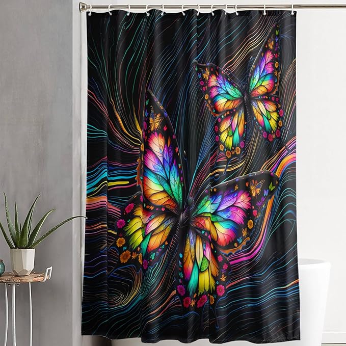 AILONEN Beautiful Butterfly Shower Curtain,Colorful Line Butterfly Bath Curtain for Bathroom for Boys,Girls,Boho Hippie Style Waterproof Fabric Shower Curtain Set with Hooks,48" W*72" H