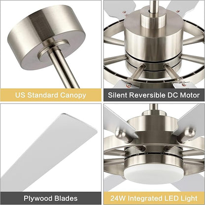 80" Ceiling Fan with Lights and Remote Control, Wood 8 Blades 6-Speed Noiseless Reversible DC Motor, 3 Downrods, Modern Large Ceiling Fan for Bedroom Dining Living Room, Nickel Finish+Silver