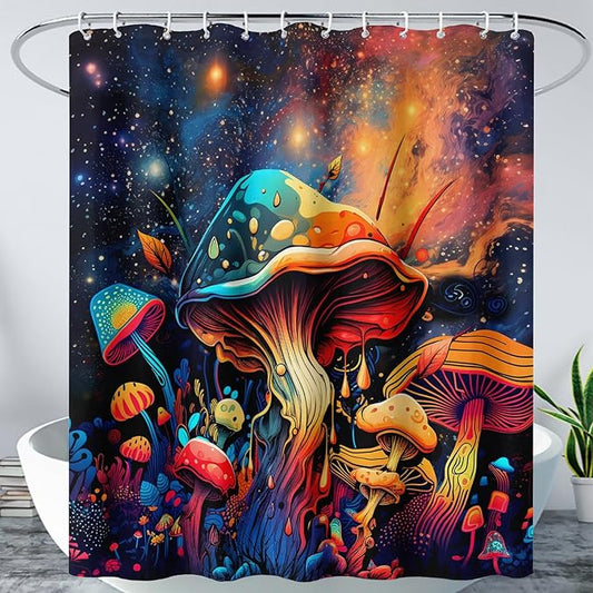 AILONEN Cartoon Magic Mushroom Shower Curtain,Funny Mushroom Waterproof Fabric Shower Curtain Set for Kids Girls,Boho Natural Plants Starry Night Shower Curtain with Hooks for Bathroom, 36" W*72" H