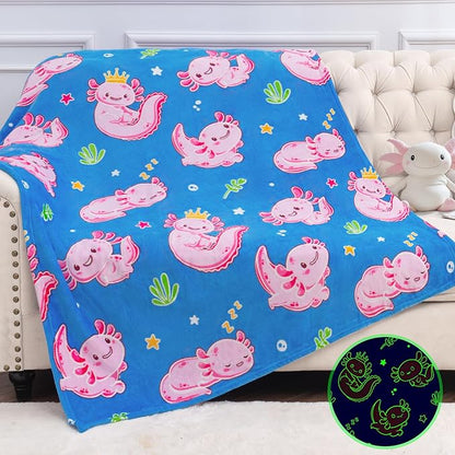 Axolotl Gifts Toys for Girls Kids - Axolotl Blanket Glow in The Dark for Toddler Bedroom Decor Axolotl Gifts Toys for Kid 3 4 5 6 7 8 9 10 11 12