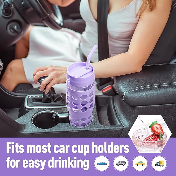 MUKOKO 32 oz Glass Tumbler with Straw,Glass Water Bottles with Time Marker,Iced Coffee Cup with 2 Lids-Handle Spout Lid&Straw Lid,Silicone Sleeve,Leakproof,1 Pack-Purple