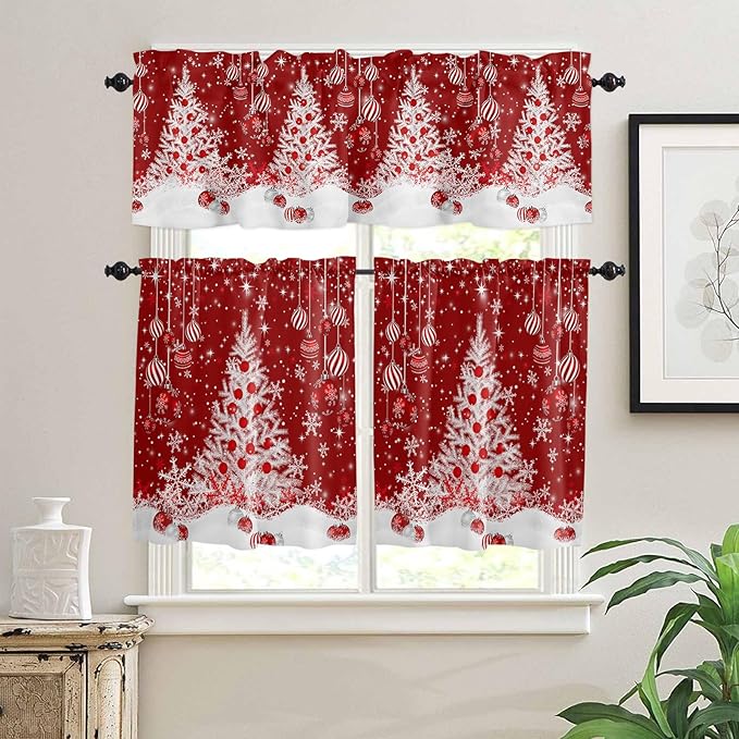 Red Christmas Kitchen Curtains and Valances Set, White Xmas Tree Snowflakes Red Balls Windows Treatments Tiers Half/Short Curtains for Small Windows Cafe /Living Room/ Bedroom 54x24 in Winter
