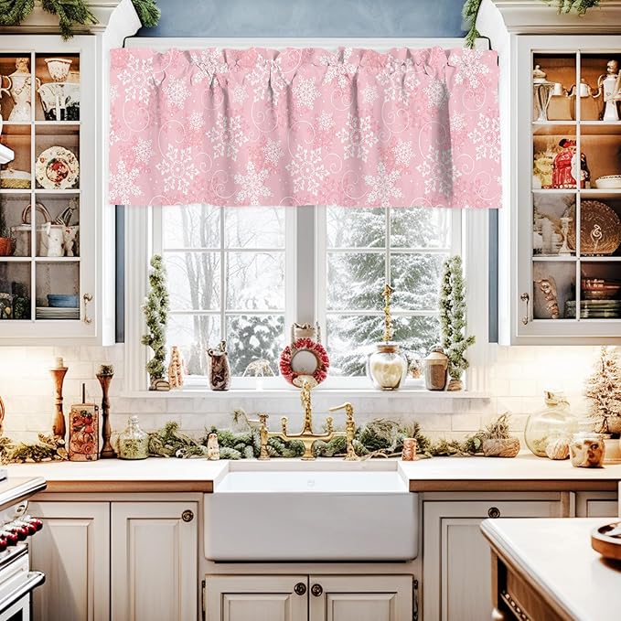 Christmas Valance Curtains for Kitchen Windows Pink White Snowflakes Pattern Rod Pocket Window Treatment Toppers for Kitchen/Living Room/Bedroom/Bathroom, 42" X 18", Winter