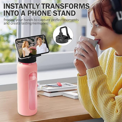 Glass Water Bottles with Straw -32oz- Water Bottle Phone Holder for Gym Large Motivational Water Bottle with Time Marker Glass Drinking Bottles 2 Lids - Spout & Bamboo Straw Lid(Pink)