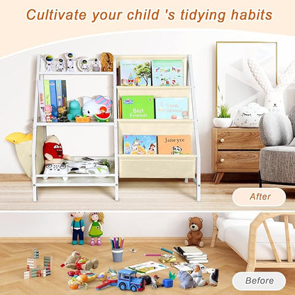 3-Tier Kids White bookshelf for Toy Storage and Display，Montessori Toddler bookcase Holds 100 Collection，Children Book Organizer Suitable for Toddler Baby Kid, Play Room,classroom,Nursery