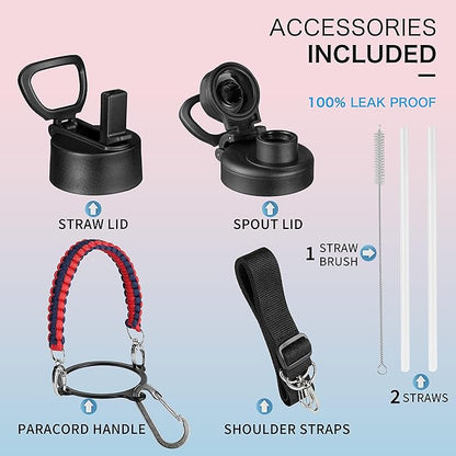 40 oz Insulated Water Bottle with Paracord Handles & Strap, 2 Lids(Straw Lid&Spout Lid), Stainless Steel Reusable Wide Mouth Metal Water Bottle With Straw, Double Walled, Thermo Mug(Dark Rainbow)