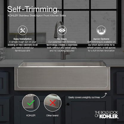 KOHLER Vault 30" Single Bowl 18-Gauge Stainless Steel Apron Front Kitchen Sink Undermount Installation K-3943-NA