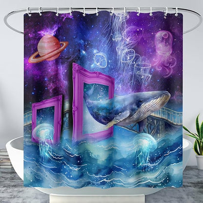 AILONEN 3D Whale Shower Curtains,Purple Galaxy Bath Curtains,Ocean Jellyfish Curtains for Kids Girls,Polyester Waterproof for Bathroom with 12 Hooks,36" W*72" H Purple