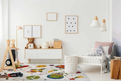 KC Cubs Boy & Girl Modern Decor Multicolor Area Rug and Carpet Collection for Kids, Toddlers and Baby Nursery, Animal Friends in Outer Space