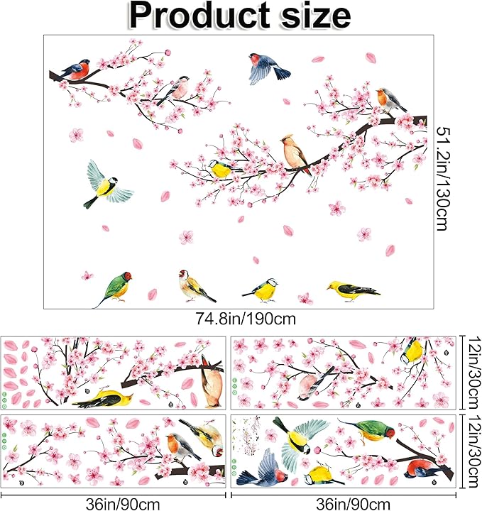 Amaonm 4 Sheets of 12"x36" Removable Pink Red Cherry Blossom Flowers Wall Stickers DIY Flying Birds and Tree Brances Wall Decals 3D Peel and Stick Floral art Decor for Kids Girls Bedroom Living Room Nursery Decoration (51"x75")