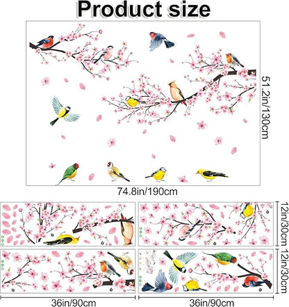 Amaonm 4 Sheets of 12"x36" Removable Pink Red Cherry Blossom Flowers Wall Stickers DIY Flying Birds and Tree Brances Wall Decals 3D Peel and Stick Floral art Decor for Kids Girls Bedroom Living Room Nursery Decoration (51"x75")