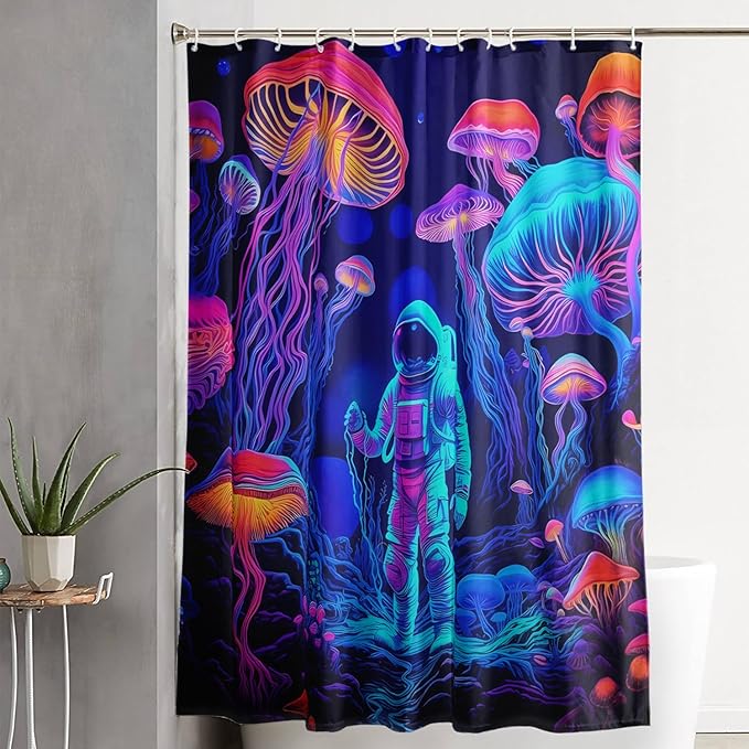 AILONEN Magic Mushroom Shower Curtain,Cartoon Astronaut Shower Curtain Set for Bathroom,Boho Style Jellyfish Waterproof Fabric Bath Curtain for Kids Girls Boys, 72" W*96" H