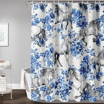 AILONEN Blue Floral Horse Shower Curtain,Farm Animal Printed Galloping Horse Bath Curtain,Minimalist Flower Girls Women Bathroom Curtain Decor, 72" W x 78" H